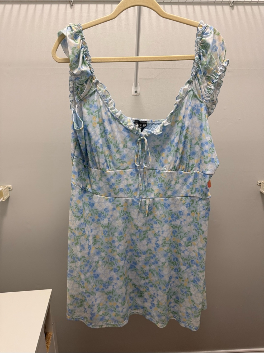 Ruched Strap Floral Tie-Front Dress - Blue & Green